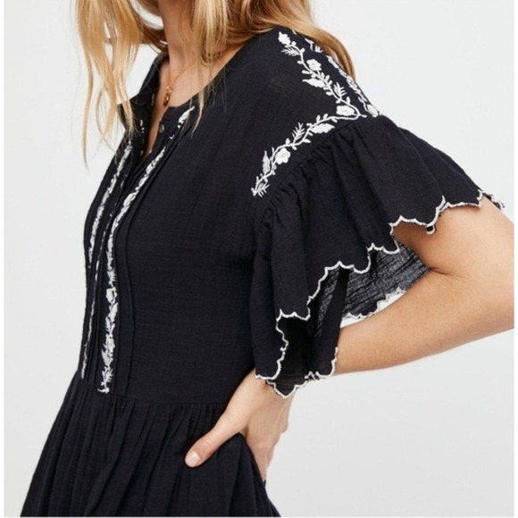 Free People Black Embroidered Gauze Tiered Babydoll Mini Dress Short Sleeve - Picture 3 of 12